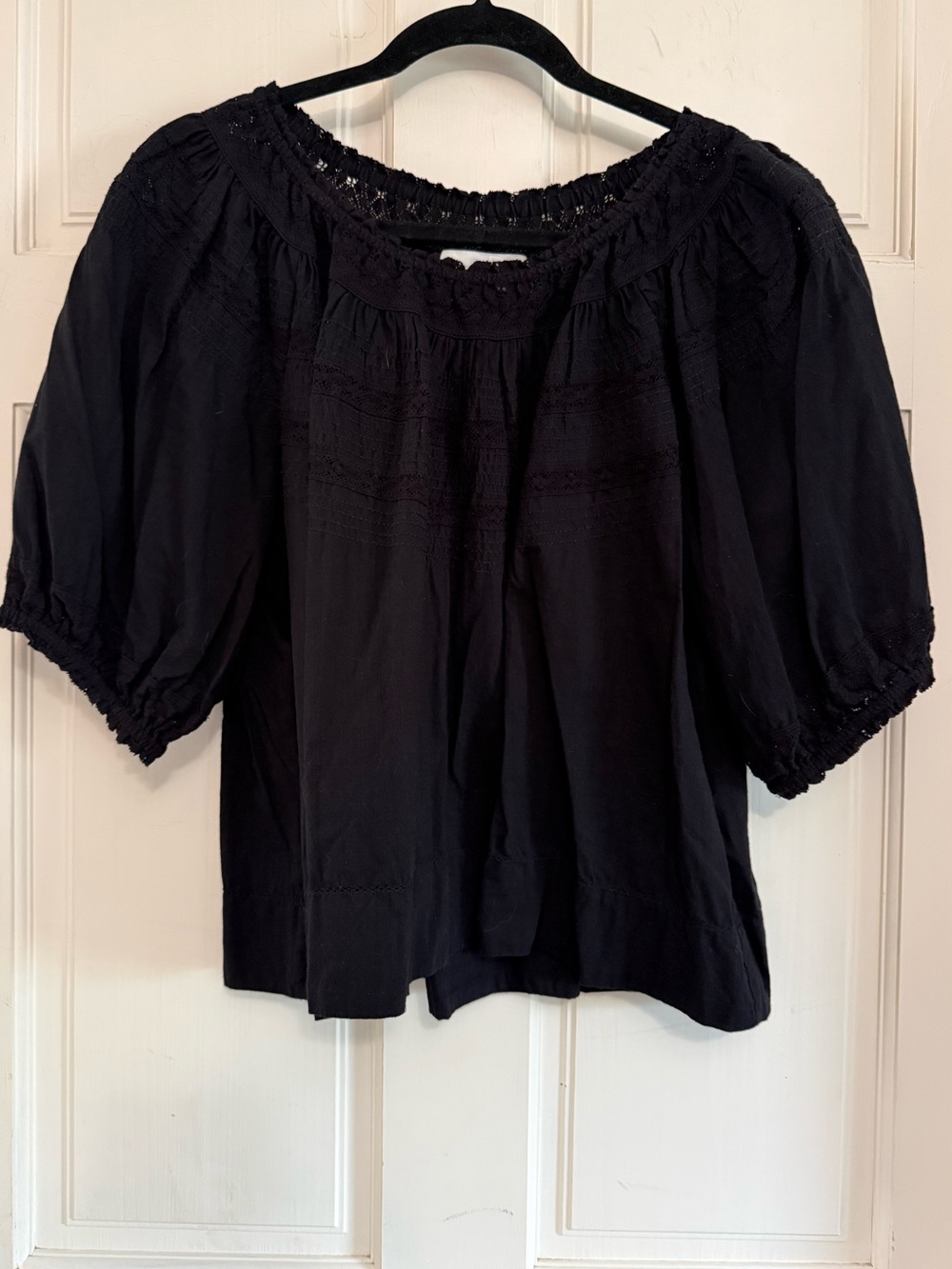 THE GREAT. Prairie Bird Top in Black Cotton Peasant with Lace Trim